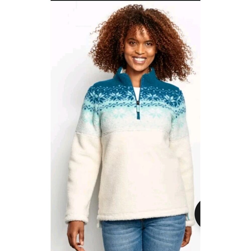 Orvis Sherpa 1/4 Zip Pullover Sweatshirt, Snowflake, Cozy, Cabin, Womans Sz S